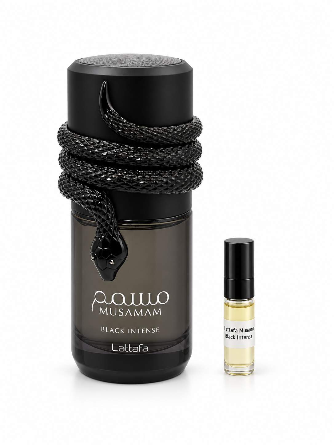 Lattafa Musamam Black Intense fragrance bottle and black-capped sample vial on white