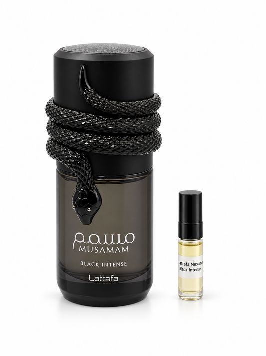 Lattafa Musamam Black Intense fragrance bottle and black-capped sample vial on white