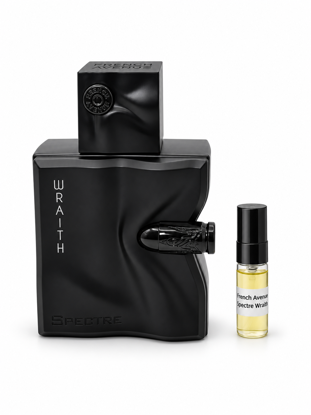 French Avenue Spectre Wraith fragrance bottle and black-capped sample vial on white