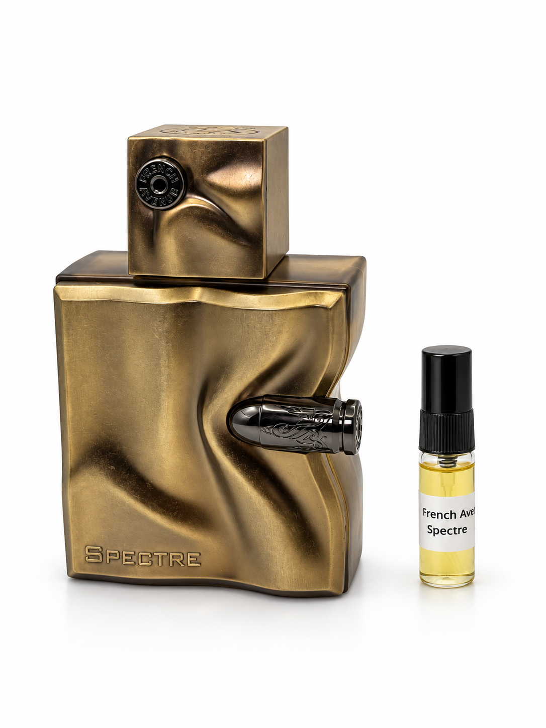 French Avenue Spectre fragrance bottle and black-capped sample vial on white