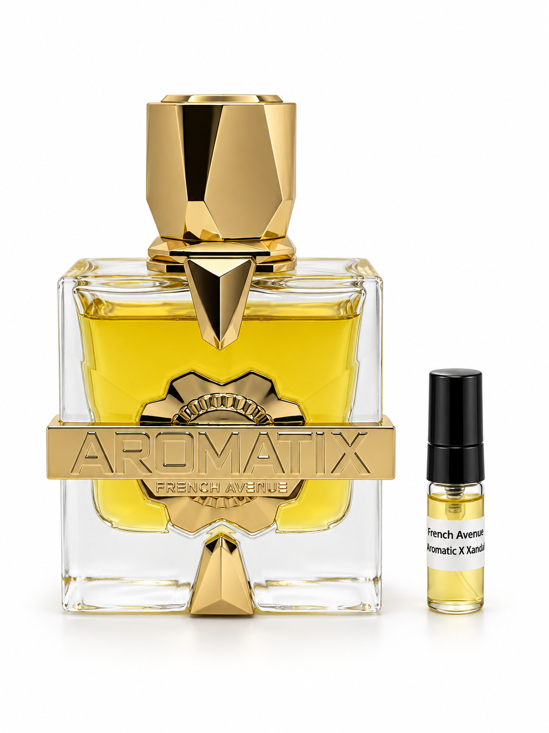 French Avenue Aromatix X Xandal fragrance bottle and black-capped sample vial on white