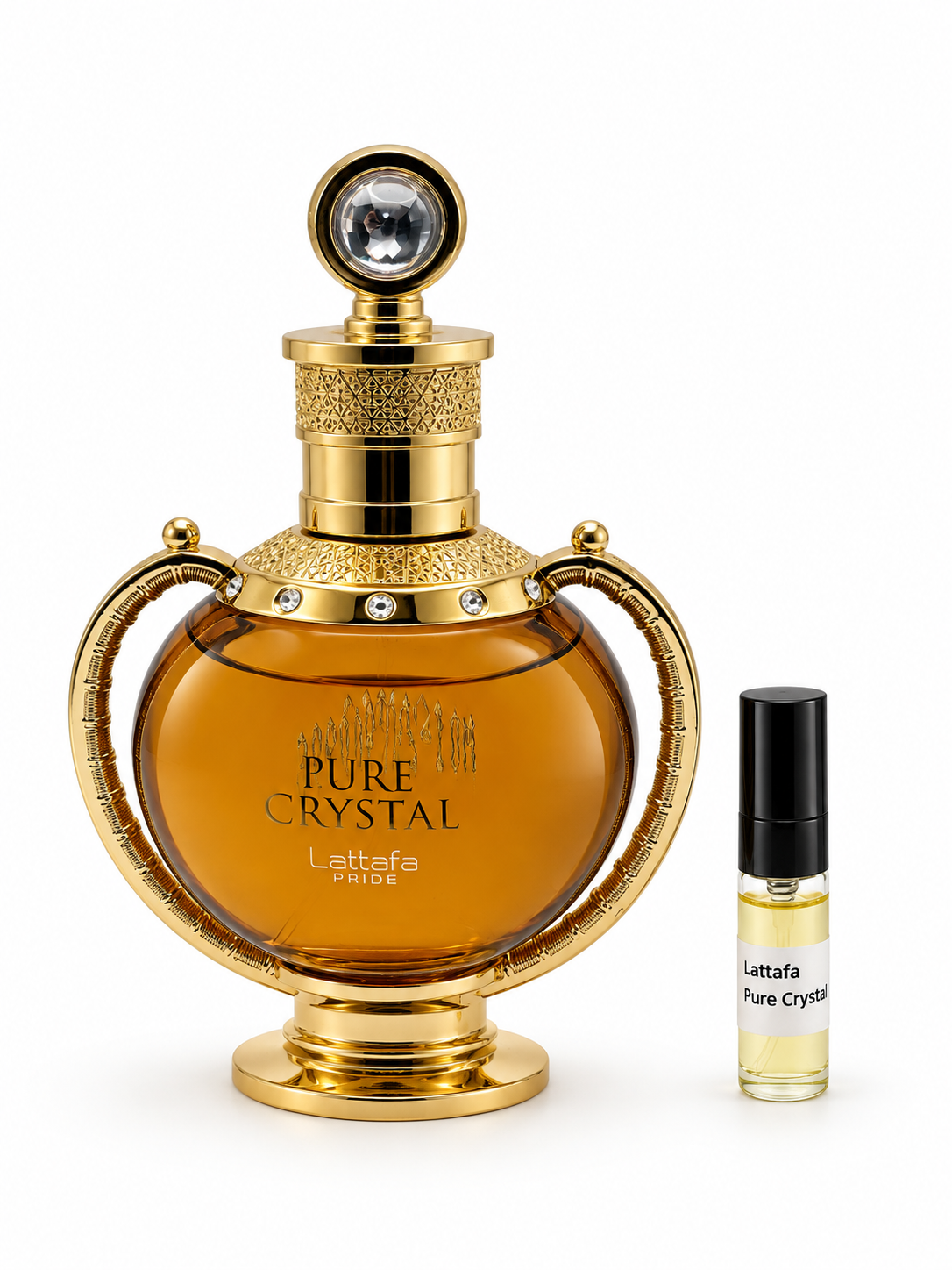 Lattafa Pure Crystal fragrance bottle and black-capped sample vial on white
