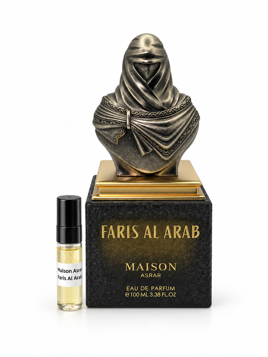 Maison Asrar Faris Al Arab fragrance bottle and black-capped sample vial on white