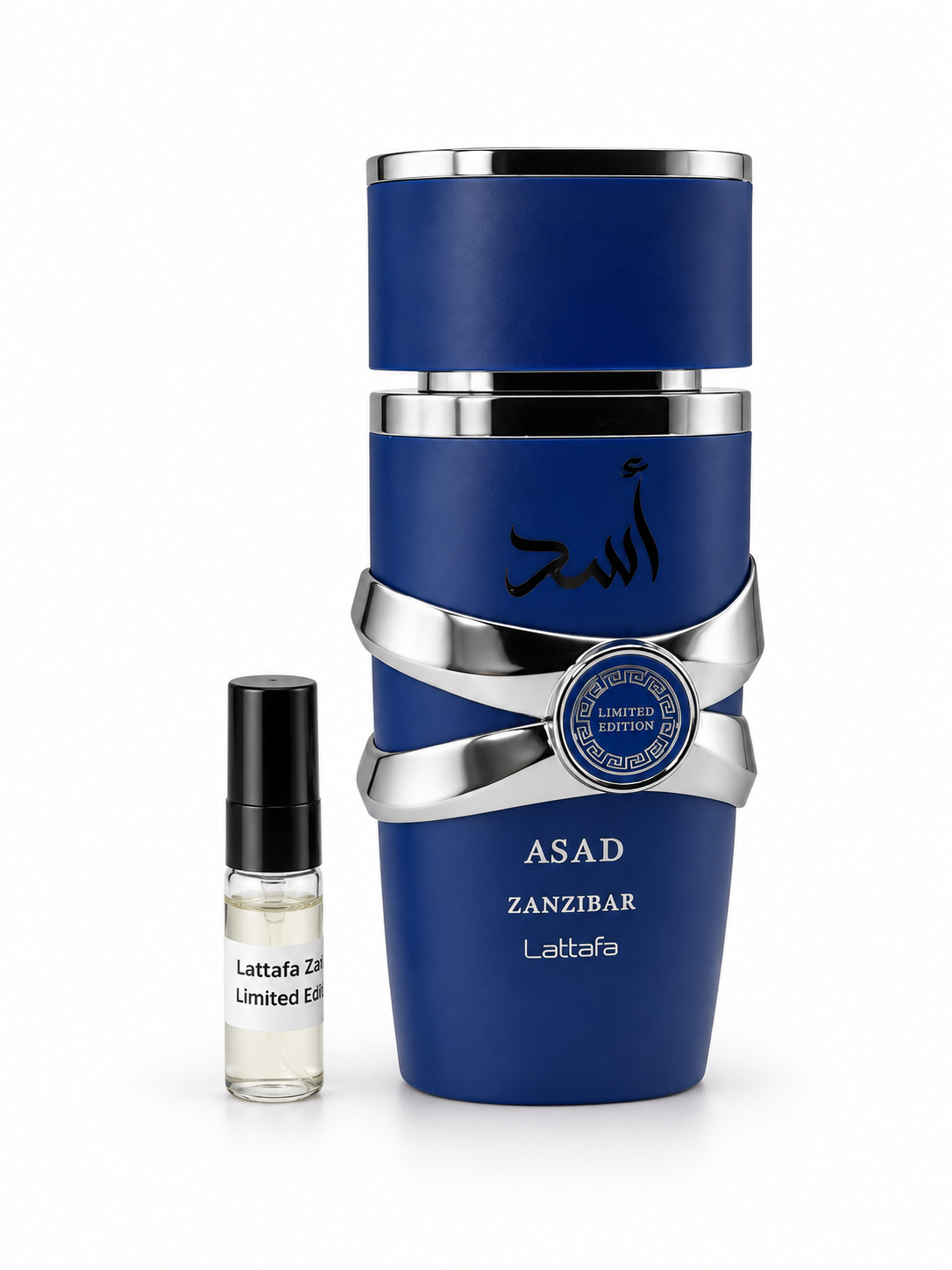 Lattafa Asad Limited Edition Zanzibar fragrance bottle and black-capped sample vial on white