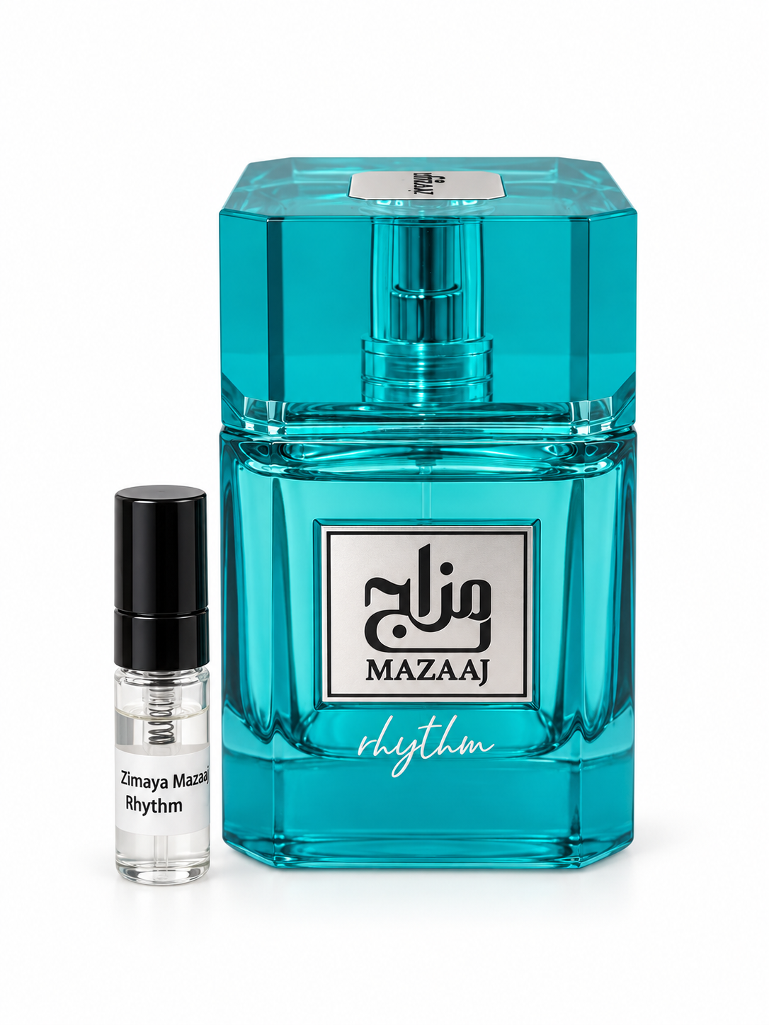 Zimaya Mazaaj Rhythm fragrance bottle and black-capped sample vial on white