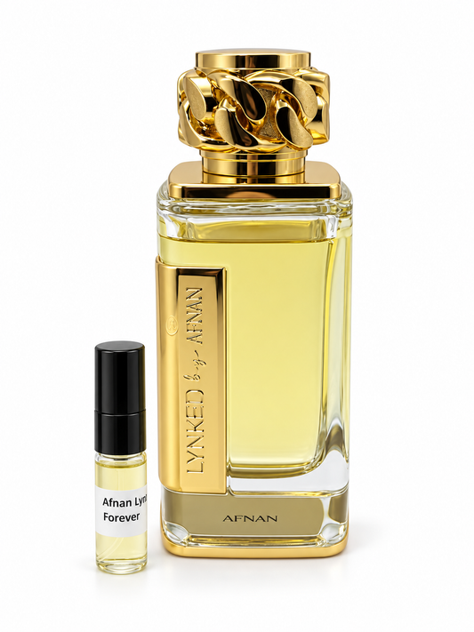 Afnan Lynked Forever fragrance bottle and black-capped sample vial on white
