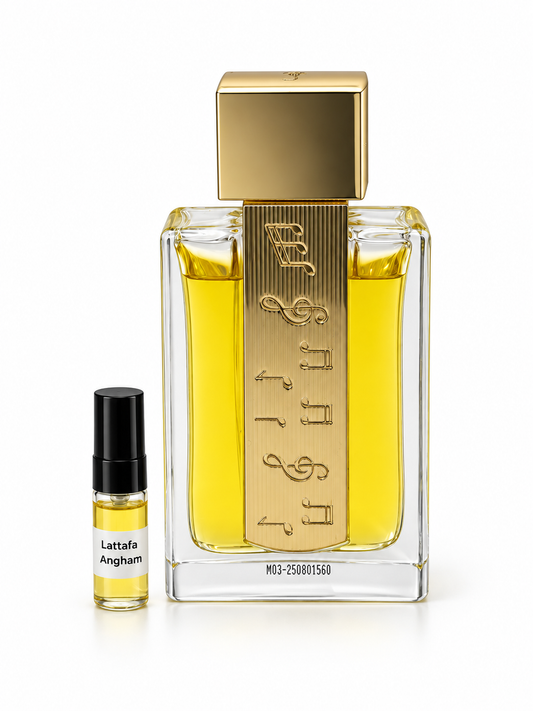 Lattafa Angham fragrance bottle and black-capped sample vial on white