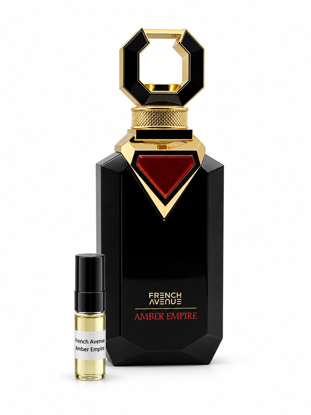 French Avenue Amber Empire fragrance bottle and black-capped sample vial on white