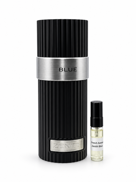 French Avenue Zenith Blue fragrance bottle and black-capped sample vial on white