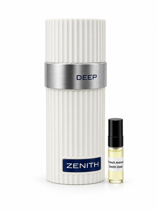 French Avenue Zenith Deep fragrance bottle and black-capped sample vial on white