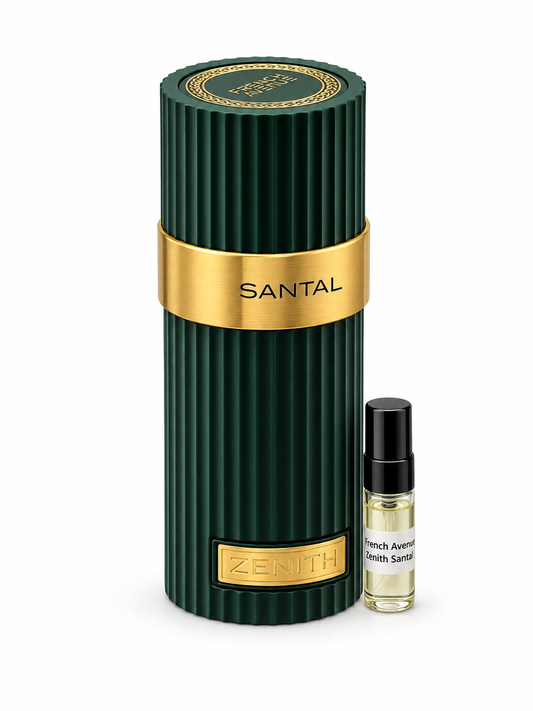 French Avenue Zenith Santal fragrance bottle and black-capped sample vial on white