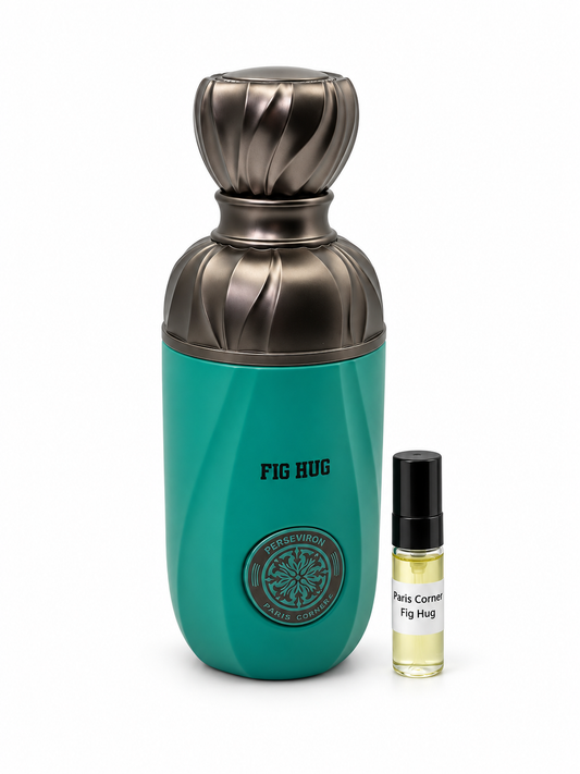 Paris Corner Fig Hug fragrance bottle and black-capped sample vial on white