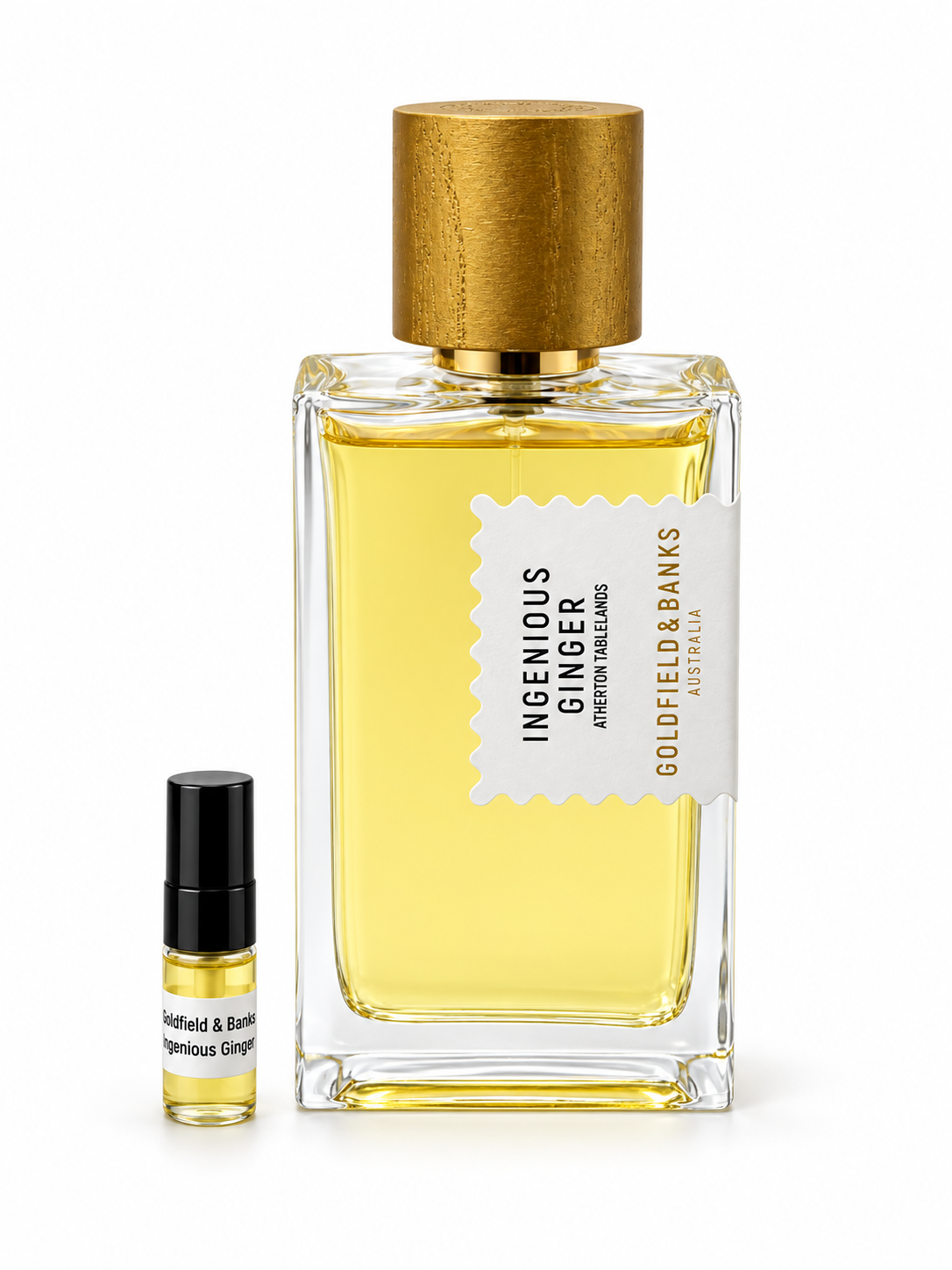 Goldfield &  Banks Ingenious Ginger fragrance bottle and black-capped sample vial on white