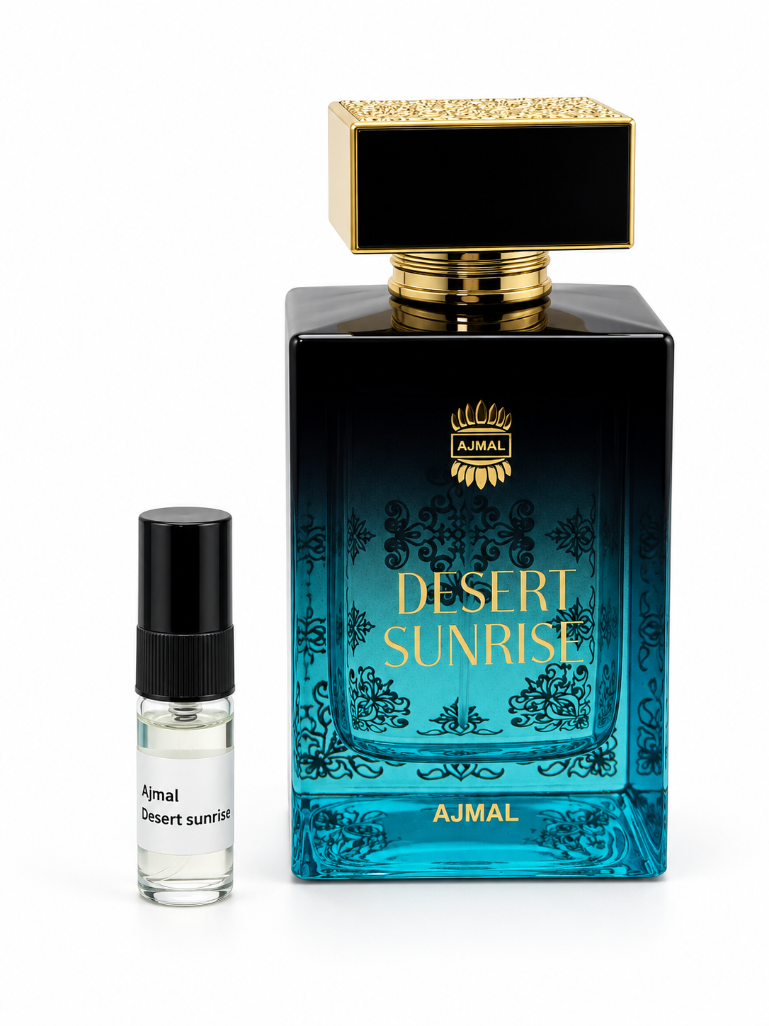 Ajmal Desert Sunrise fragrance bottle and black-capped sample vial on white