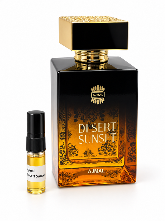 Ajmal Desert Sunset fragrance bottle and black-capped sample vial on white