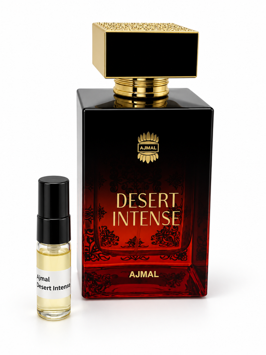 Ajmal Desert Intense fragrance bottle and black-capped sample vial on white
