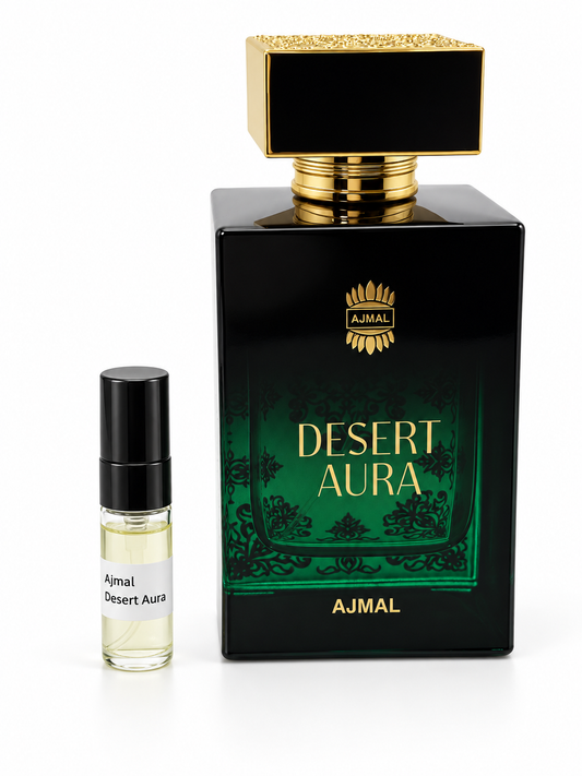 Ajmal Desert Aura fragrance bottle and black-capped sample vial on white