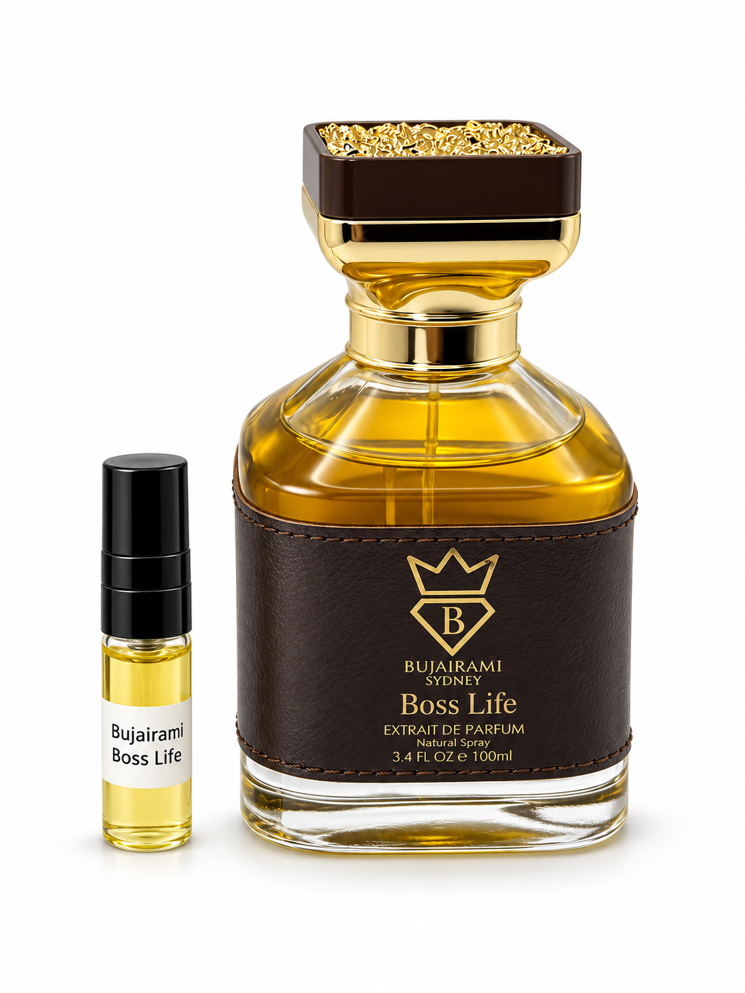 Bujairami Boss Life EDP fragrance bottle and black-capped sample vial on white