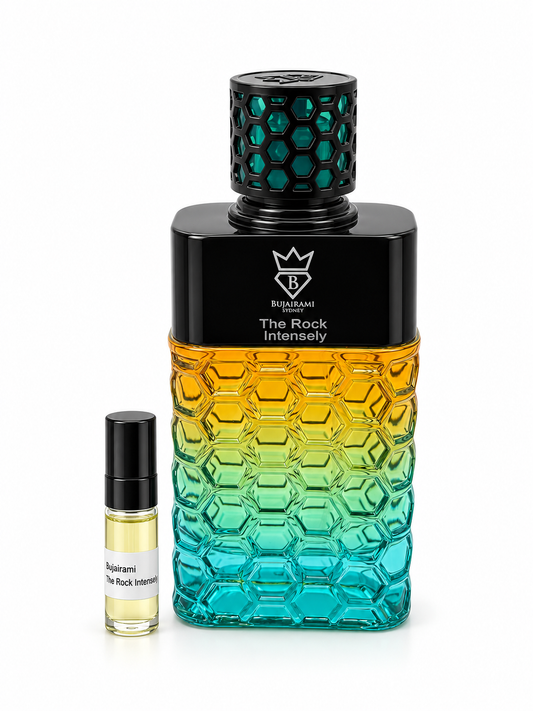 Bujairami The Rock Intensely EDP fragrance bottle and black-capped sample vial on white