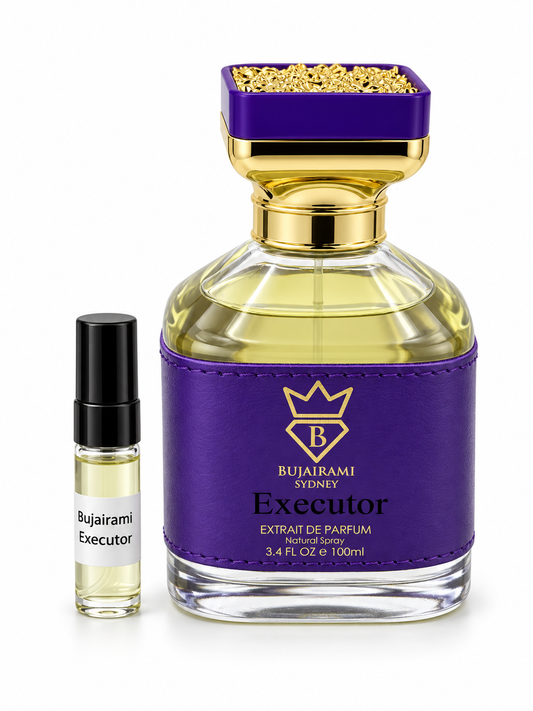 Bujairami Executor EDP fragrance bottle and black-capped sample vial on white