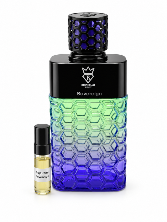 Bujairami Sovereign fragrance bottle and black-capped sample vial on white