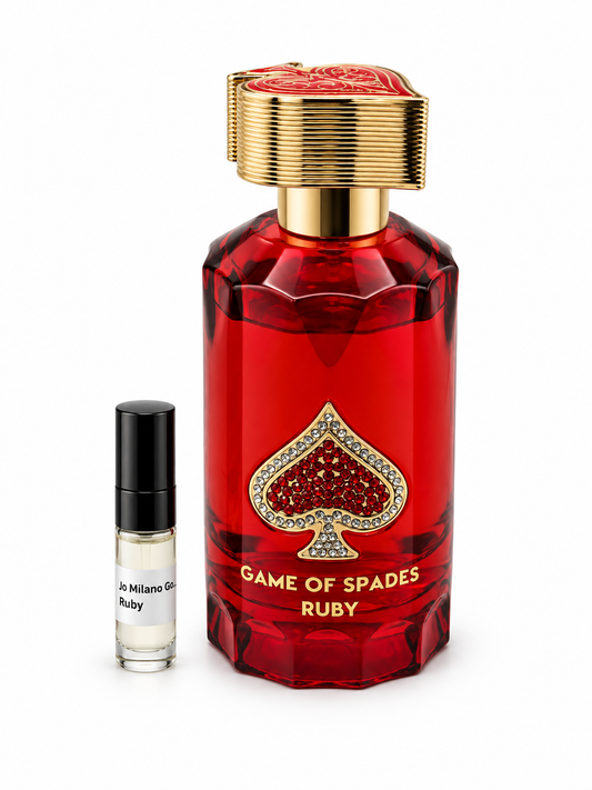 Game Of Spades Ruby fragrance bottle and black-capped sample vial on white