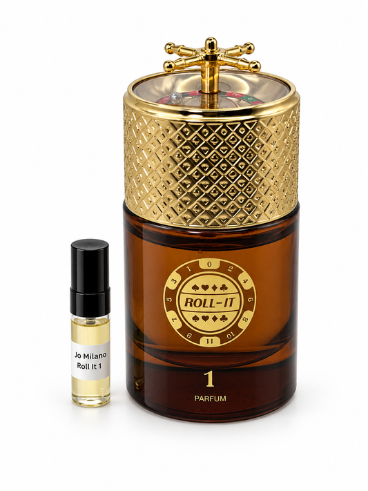 Jo Milano Roll it 1 fragrance bottle and black-capped sample vial on white