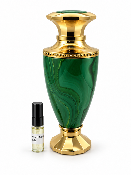 French Avenue Jade fragrance bottle and black-capped sample vial on white
