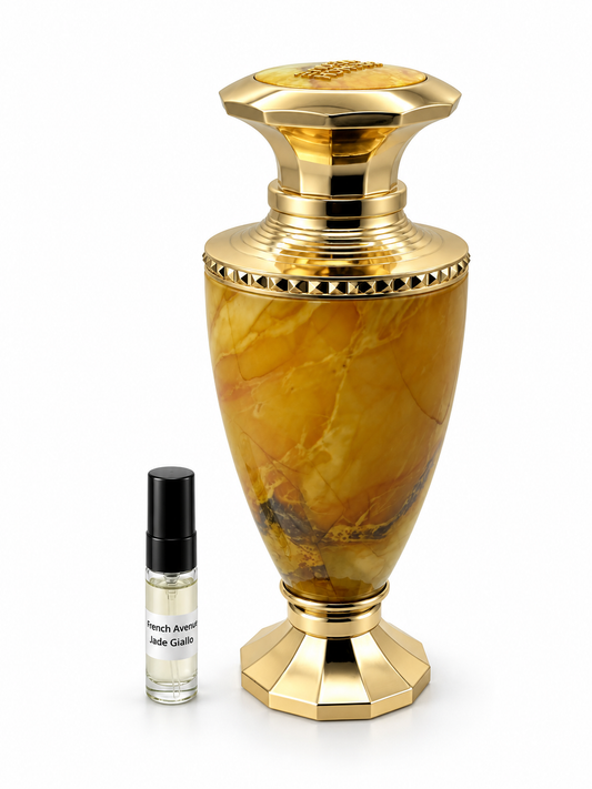 French Avenue Jade Giallo fragrance bottle and black-capped sample vial on white