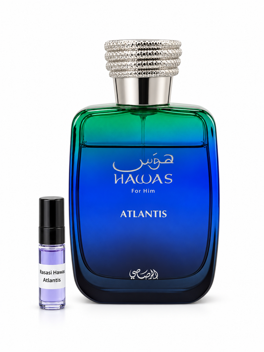 Rasasi Hawas Atlantis fragrance bottle and black-capped sample vial on white