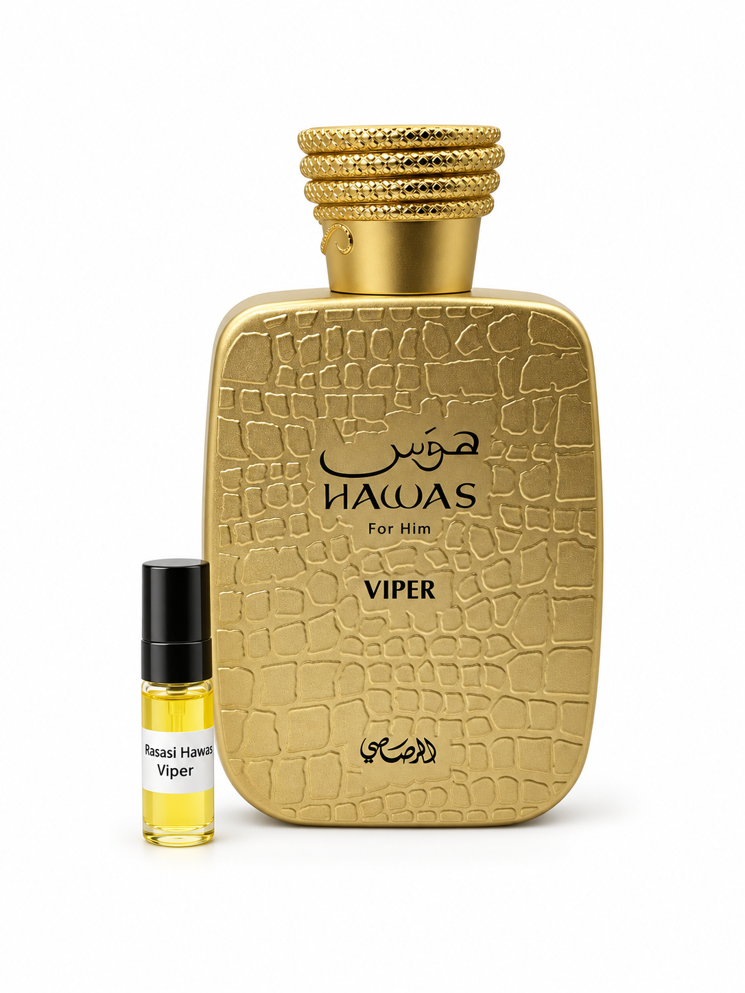 Rasasi Hawas Viper fragrance bottle and black-capped sample vial on white