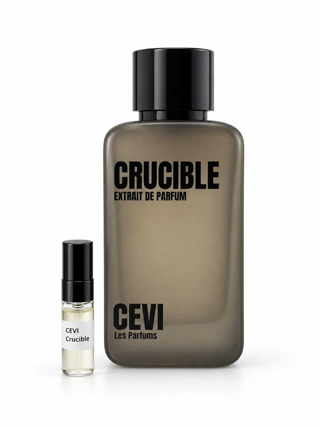 Cevi Crucible fragrance bottle and black-capped sample vial on white