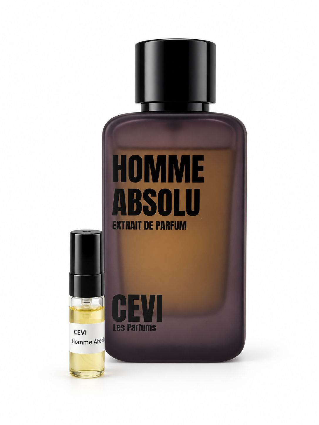 Cevi Homme Absolu fragrance bottle and black-capped sample vial on white