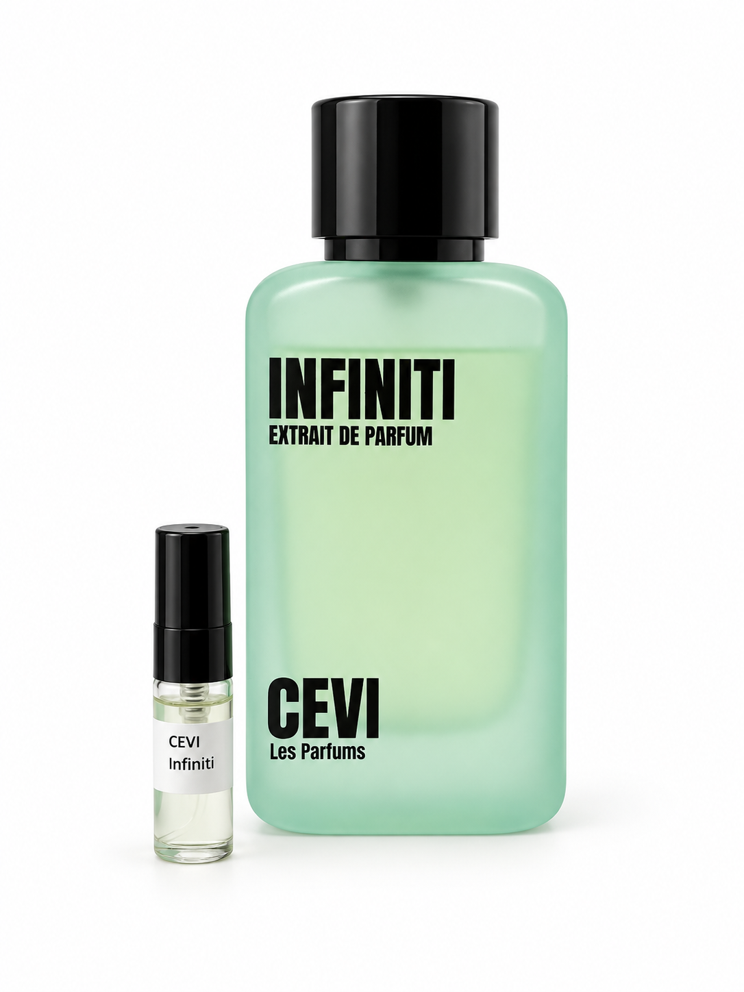 Cevi Infiniti fragrance bottle and black-capped sample vial on white