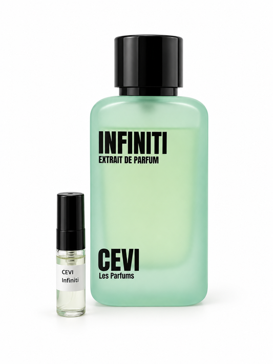 Cevi Infiniti fragrance bottle and black-capped sample vial on white
