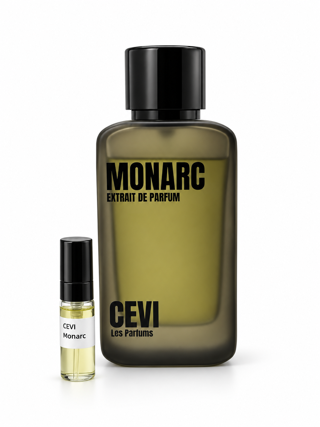 Cevi Monarc fragrance bottle and black-capped sample vial on white
