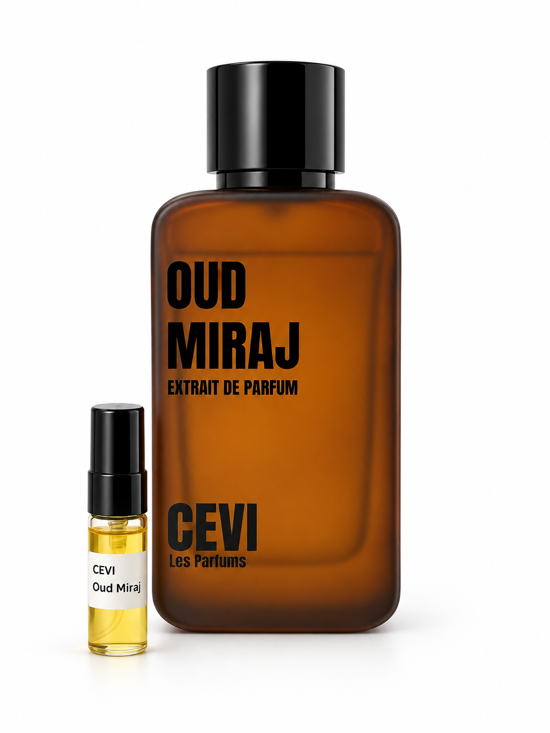 Cevi Oud Miraj fragrance bottle and black-capped sample vial on white