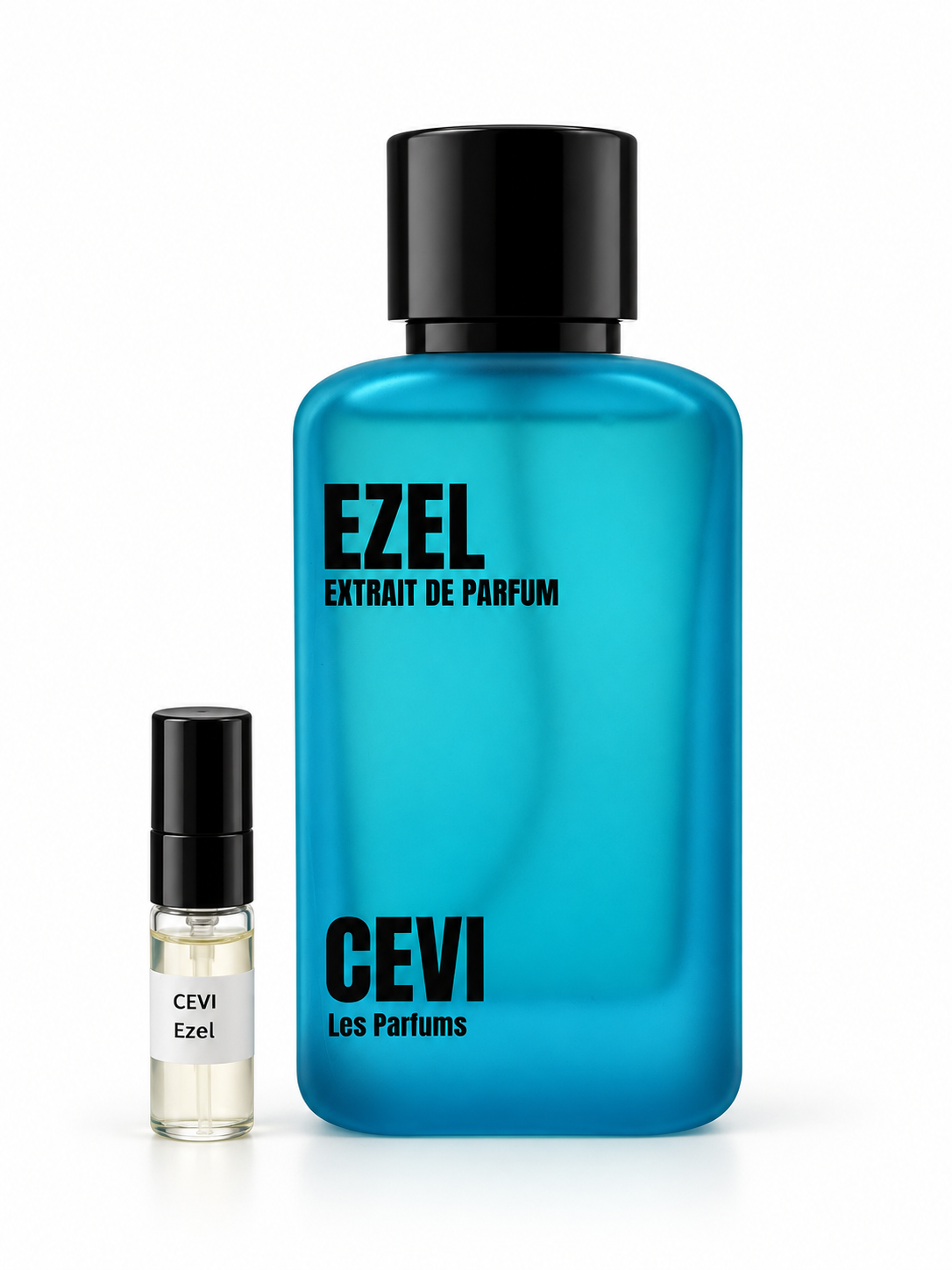 Cevi Ezel fragrance bottle and black-capped sample vial on white