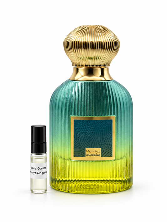 Paris Corner Hurriya Gingerique fragrance bottle and black-capped sample vial on white