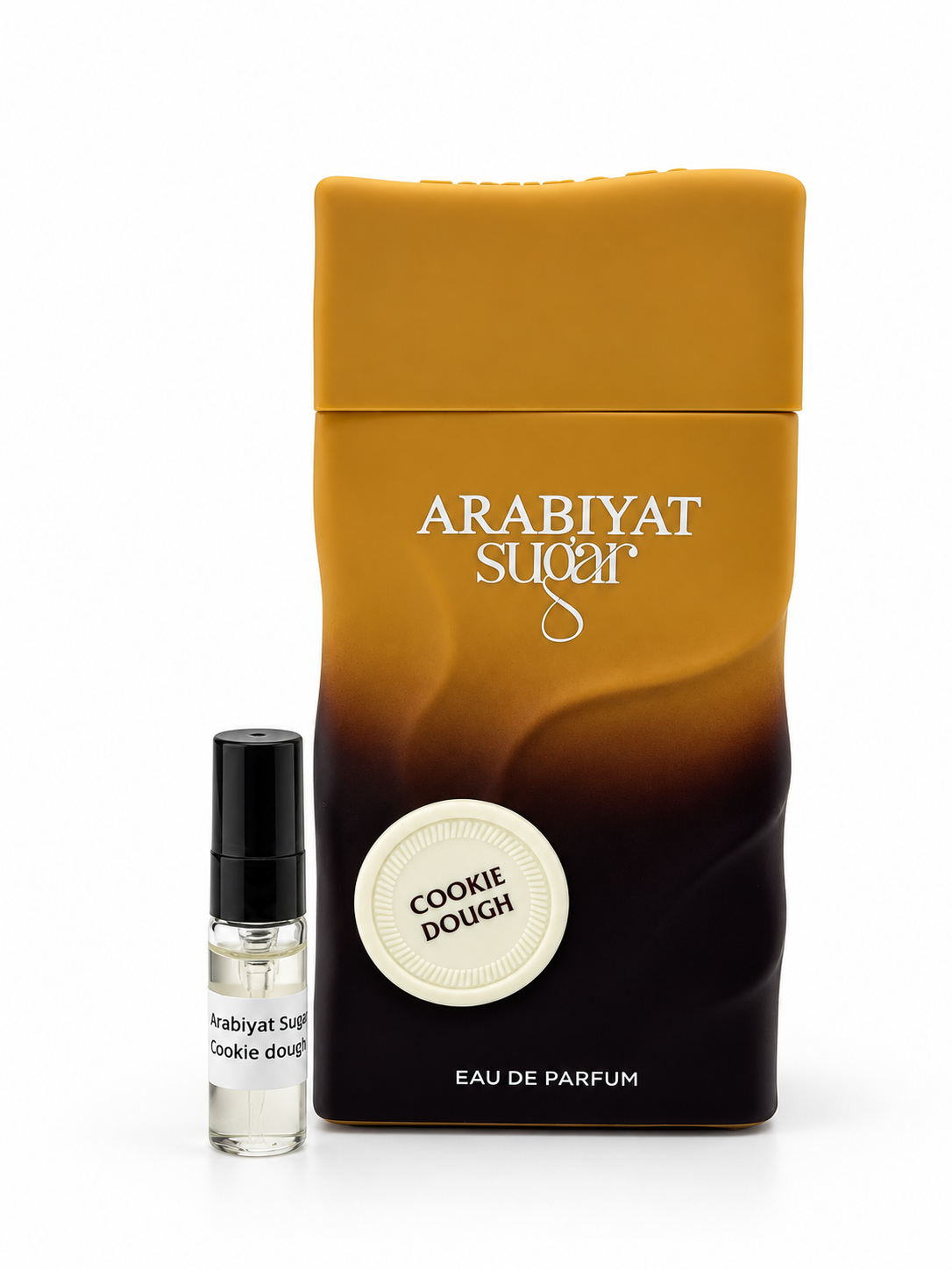 Arabiyat Sugar Cookie Dough fragrance bottle and black-capped sample vial on white