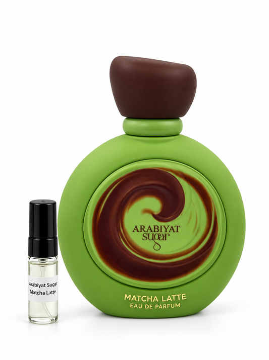 Arabiyat Sugar Matcha Latte fragrance bottle and black-capped sample vial on white
