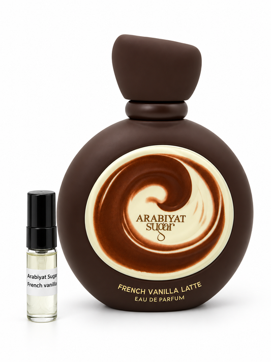 Arabiyat Sugar French Vanilla Latte fragrance bottle and black-capped sample vial on white