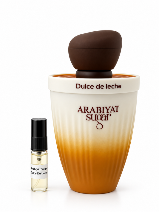 Arabiyat Sugar Dulce de Leche fragrance bottle and black-capped sample vial on white