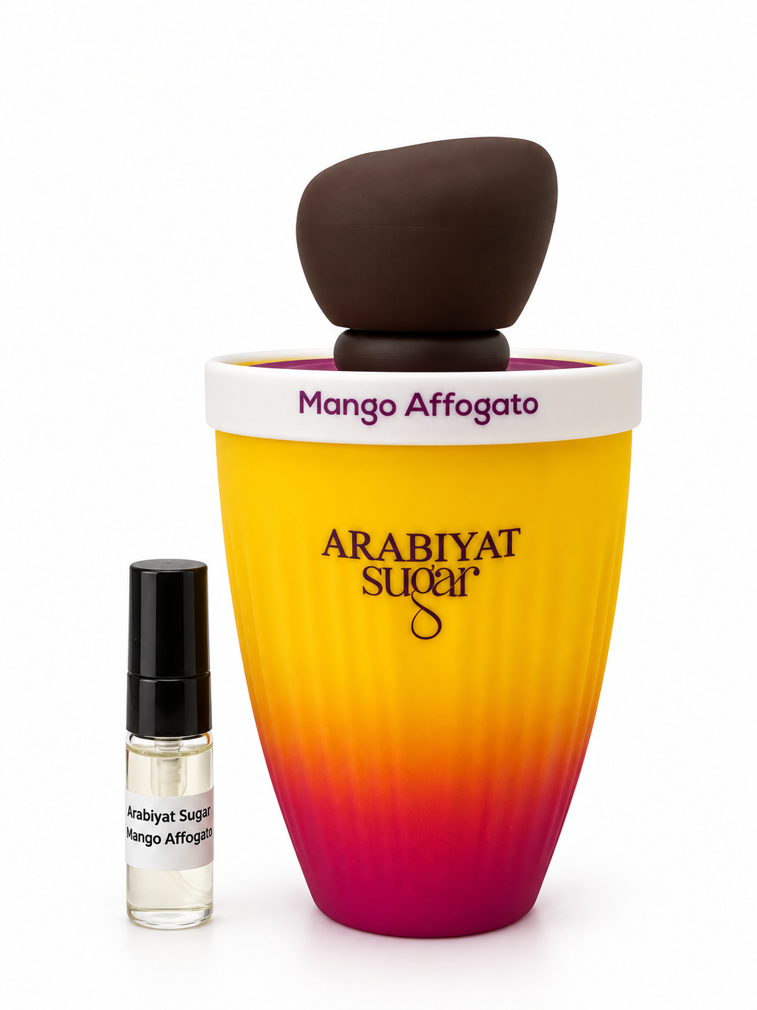 Arabiyat Sugar Mango Affogato fragrance bottle and black-capped sample vial on white