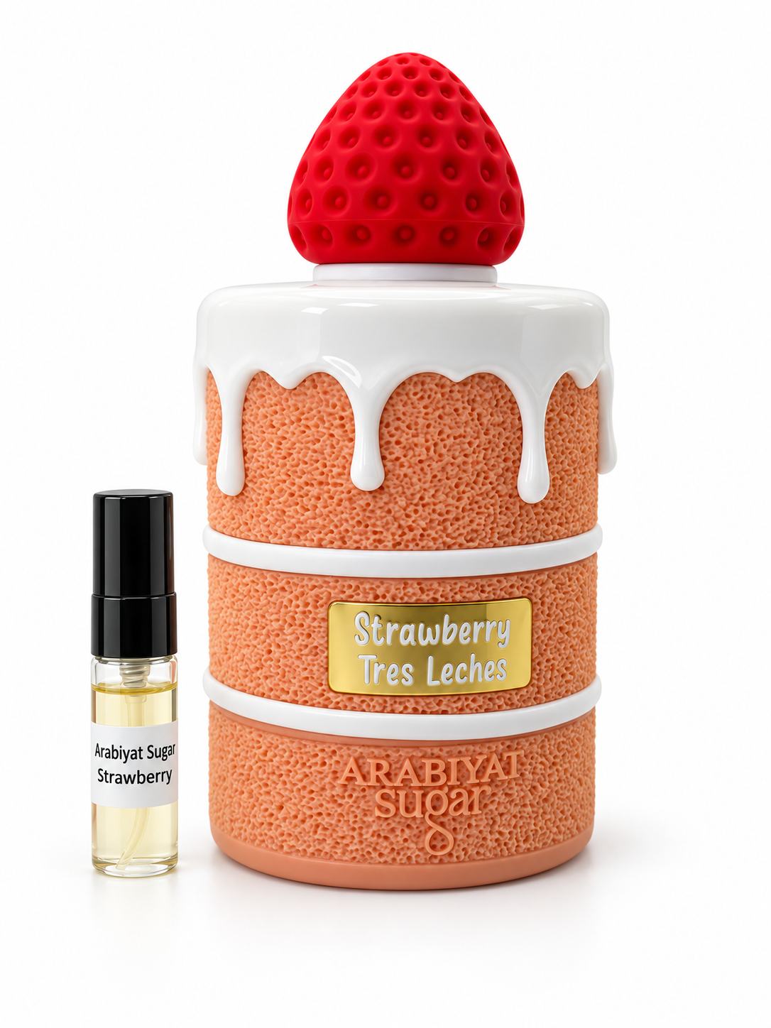 Arabiyat Sugar Strawberry Tres Leches fragrance bottle and black-capped sample vial on white
