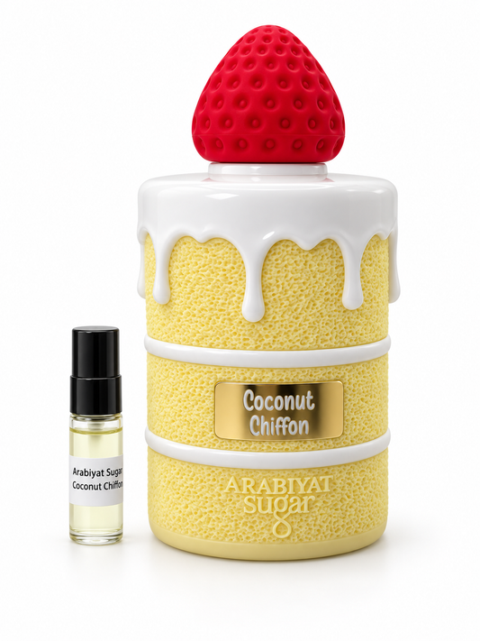 Arabiyat Sugar Coconut Chiffon fragrance bottle and black-capped sample vial on white