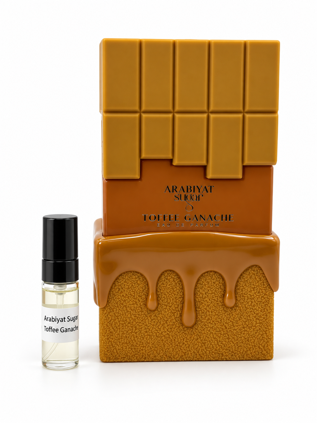 Arabiyat Sugar Toffee Ganache fragrance bottle and black-capped sample vial on white