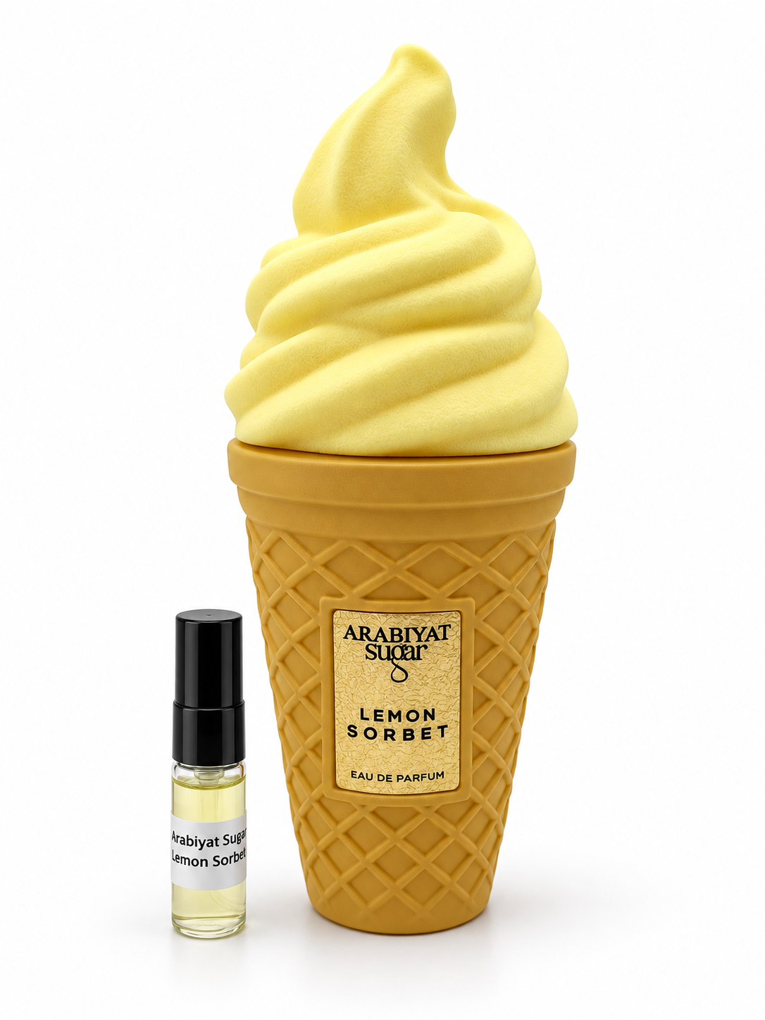 Arabiyat Sugar Lemon Sorbet fragrance bottle and black-capped sample vial on white