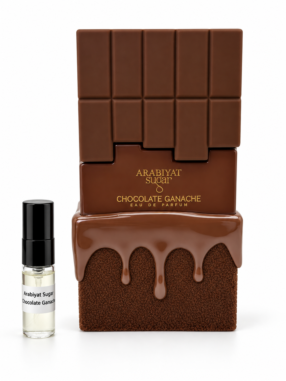 Arabiyat Sugar Chocolate Ganache fragrance bottle and black-capped sample vial on white