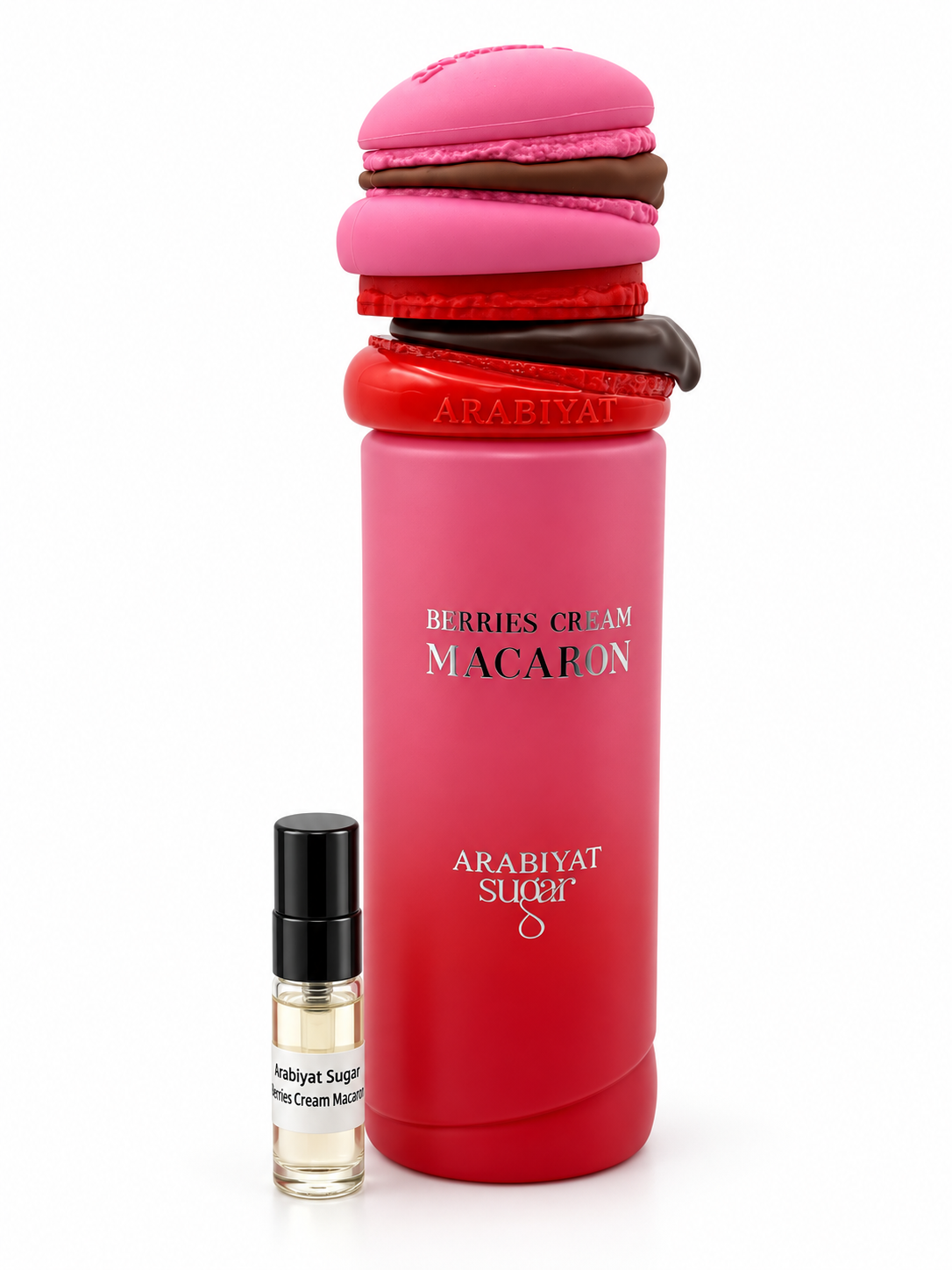 Arabiyat Sugar Berries Cream Macaron fragrance bottle and black-capped sample vial on white